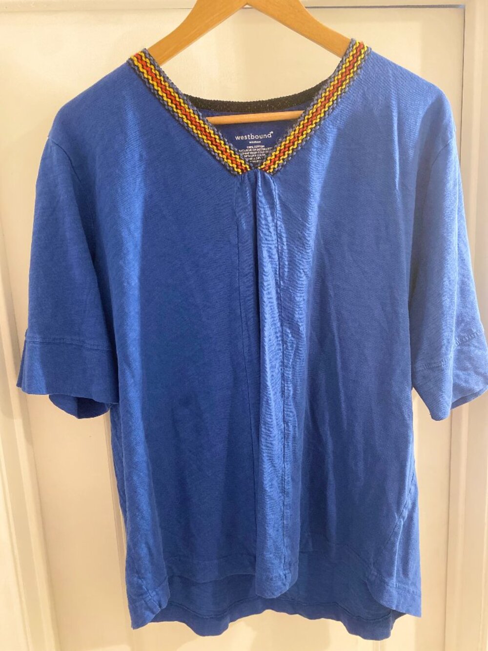 Westbound Woman Blue Embroidered Neck Cotton Top Size 1X